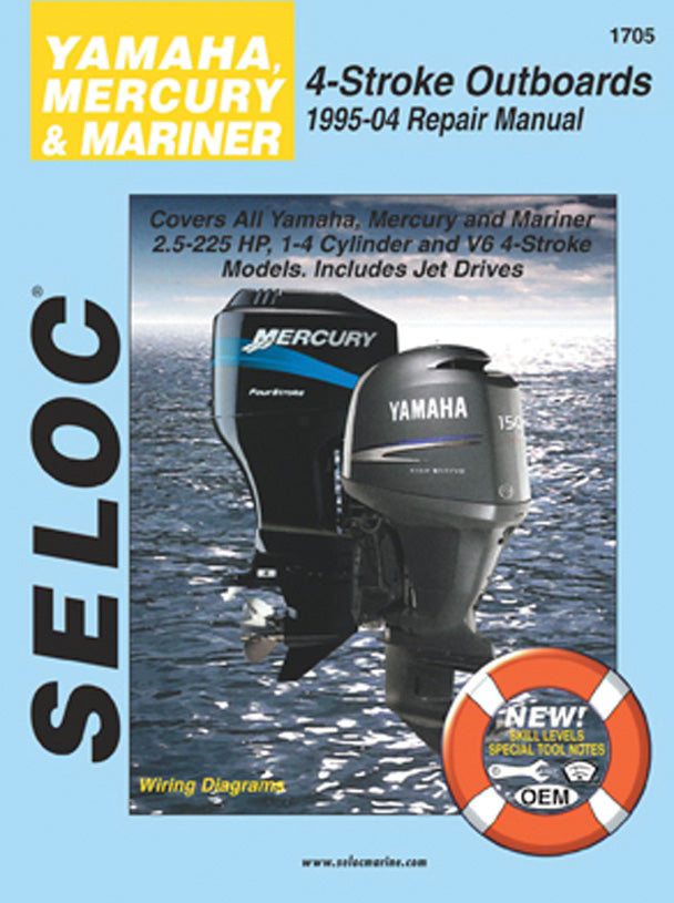 Cover of a Seloc repair manual for Yamaha, Mercury & Mariner 4-Stroke Outboards. Two outboard motors on blue background.