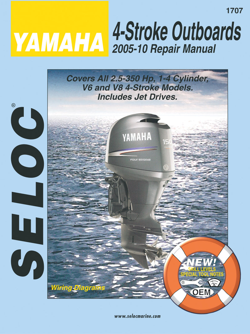 Cover of Seloc Yamaha 4-Stroke Outboards repair manual with an outboard motor on a blue background