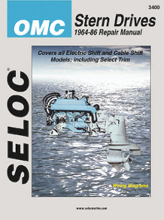 Cover of Seloc OMC Stern Drive repair manual, with a stern drive motor on grey background.