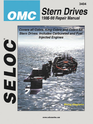 Cover of Seloc OMC Stern Drive repair manual, with a stern drive motor on grey background.