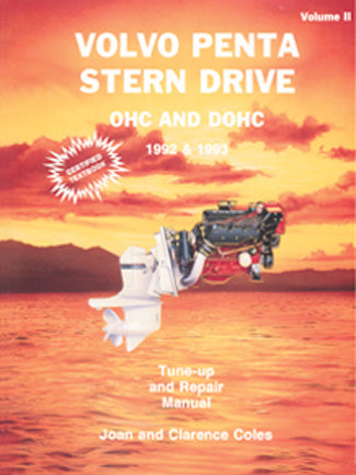 Cover of Volvo Penta Stern Drive Repair Manual, with stern drive motor on sunset background.