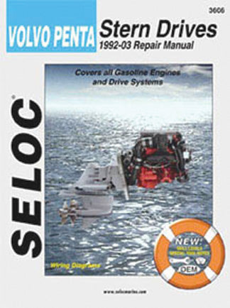 Cover of Seloc Volvo Penta Stern Drive repair manual, with stern drive motor on grey background.
