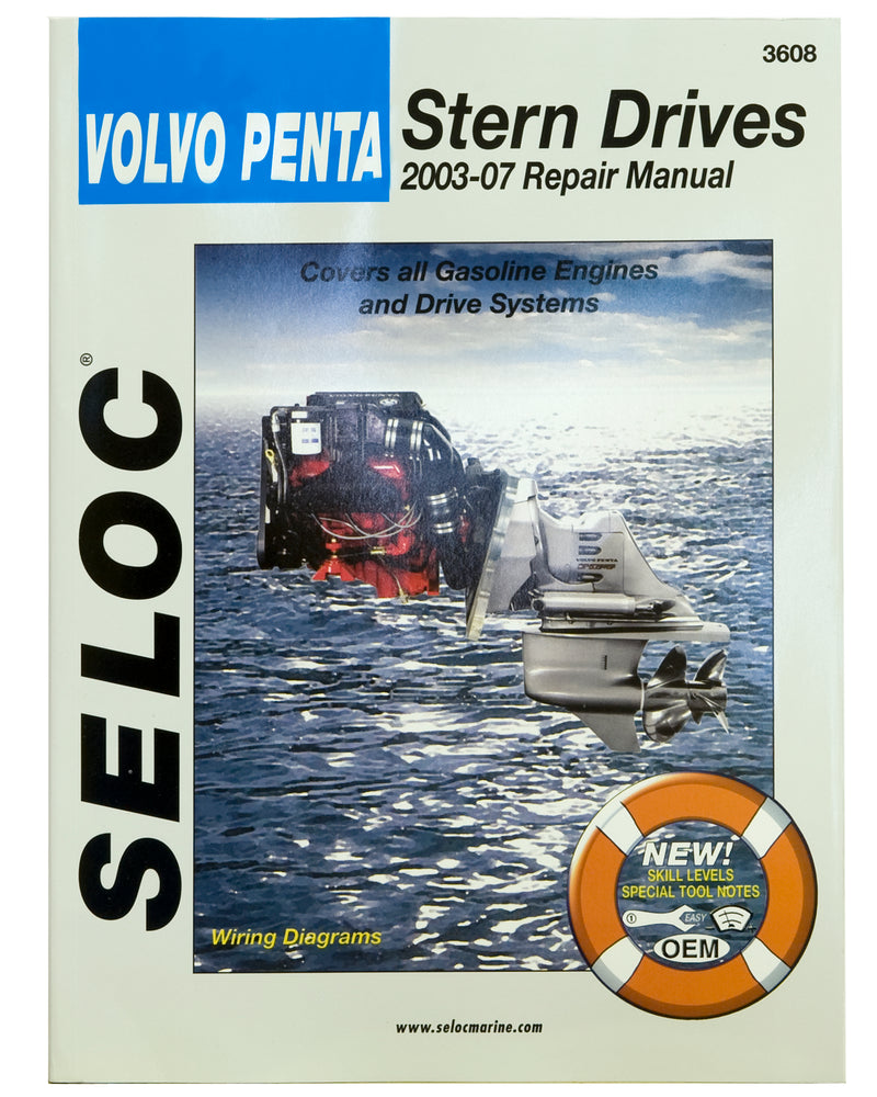 Cover of Seloc Volvo Penta Stern Drive repair manual, with stern drive motor on grey background.