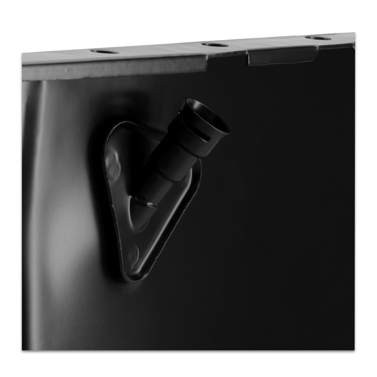 Closeup of a Sierra black oil pan on a white background