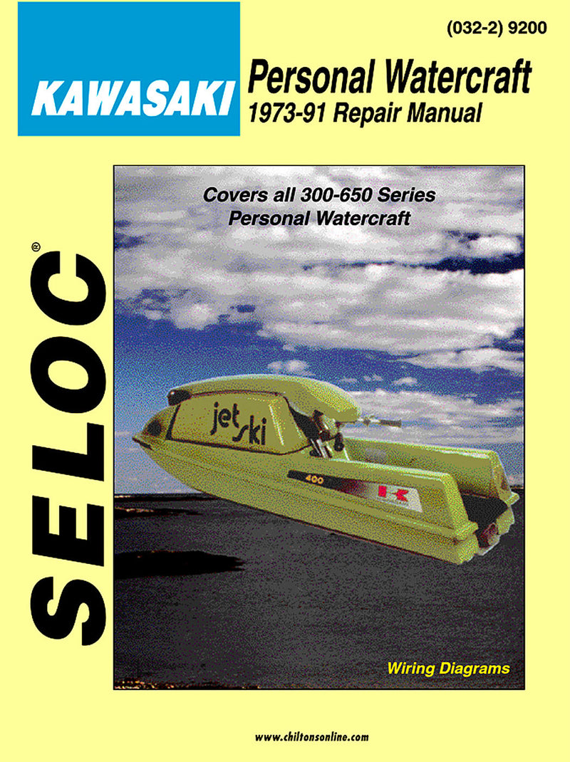 Cover of Seloc Kawaski Personal Watercraft repair manual with jet ski on yellow background