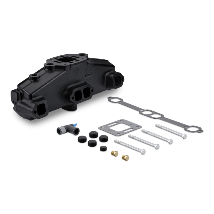 Sierra's 18-1953-2 exhaust manifold and mounting hardware on a white background