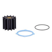 Black Sierra impeller, impeller plate, and o-ring on a white background