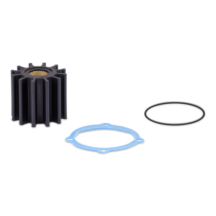 Black Sierra impeller, impeller plate, and o-ring on a white background