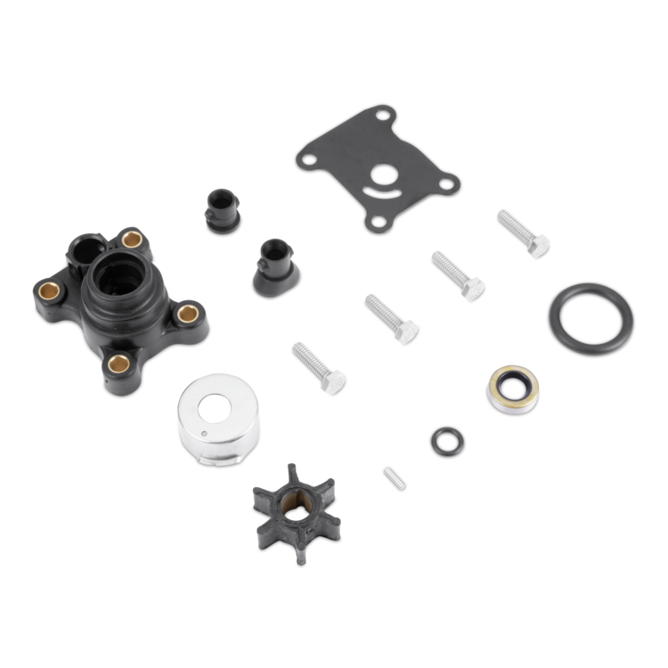 Sierra water pump kit, including impeller and bolts, on a white background