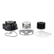 Sierra water pump housing kit including impeller, impeller plate, and housing on a white background