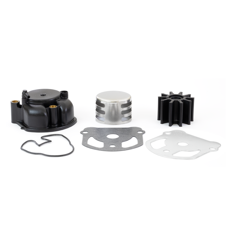 Sierra water pump housing kit including impeller, impeller plate, and housing on a white background