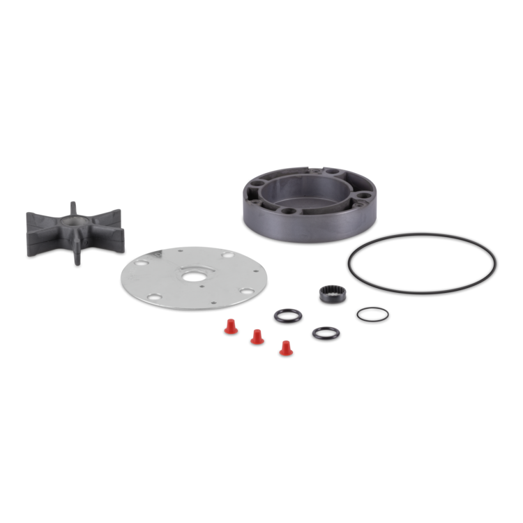Sierra marine water pump kit components, including impeller and o-rings, on a white background