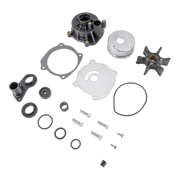 Sierra 18-3392 water pump components, including impeller, bolts, gaskets, and housing on a white background