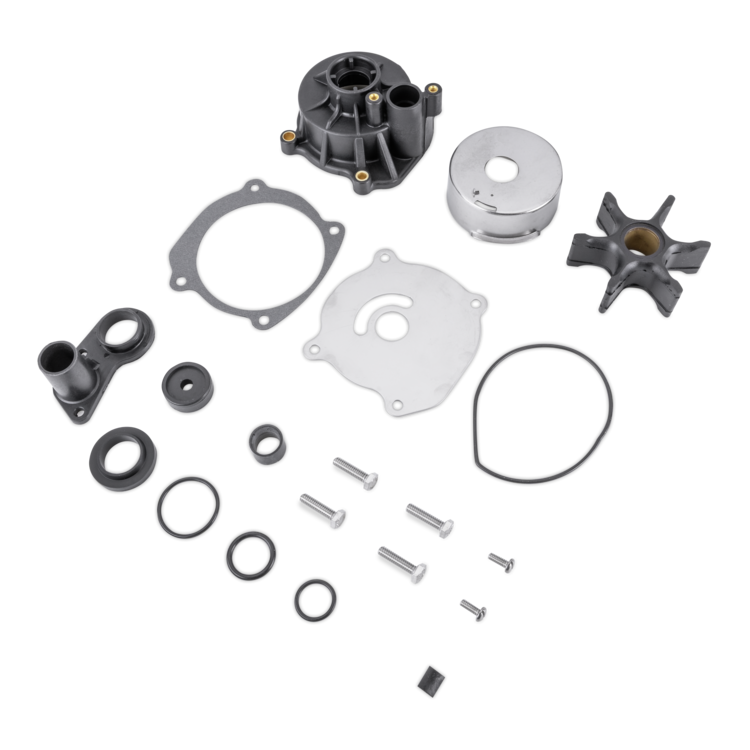 Sierra 18-3392 water pump components, including impeller, bolts, gaskets, and housing on a white background