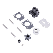 Set of mechanical parts including a shaft, bearings, and gaskets on a white background