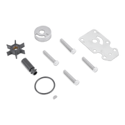 Set of Sierra marine mechanical parts including a impeller, gasket, and bolts on a white background