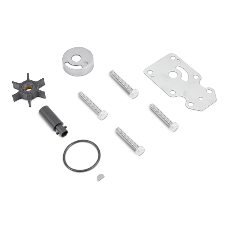 Set of Sierra marine mechanical parts including a impeller, gasket, and bolts on a white background
