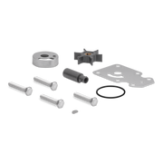 Set of mechanical parts including a impeller, bolts, and washers on a white background