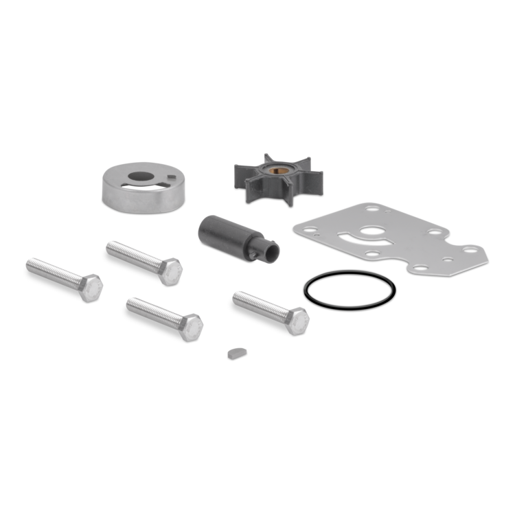 Set of mechanical parts including a impeller, bolts, and washers on a white background