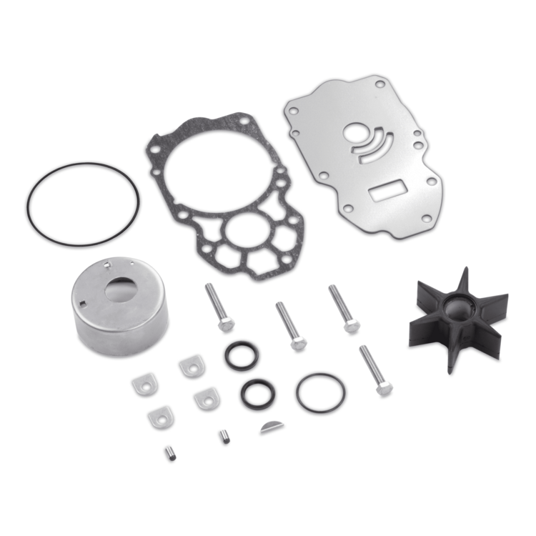 A Sierra pump repair kit for Yamaha engines with various metal parts on a white background