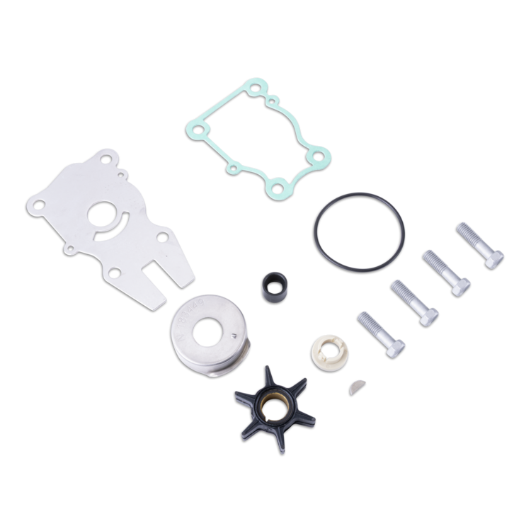 A set of engine gasket and seal replacement parts arranged on a plain white background, including a large silver metal plate, a pale green gasket, black rubber O-rings, a white plastic ring, a small white tab, and several silver screws.