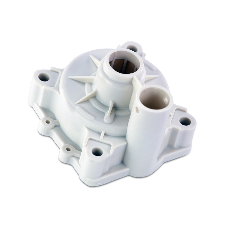 A white plastic pump housing component with multiple cylindrical ports and mounting tabs, shown on a clean white background.