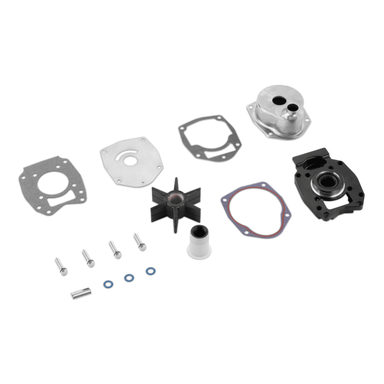 Set of mechanical parts including an impeller and gaskets on a white background.