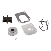 Set of mechanical parts including a black impeller, metal gaskets, and a small metal clip on a white background.