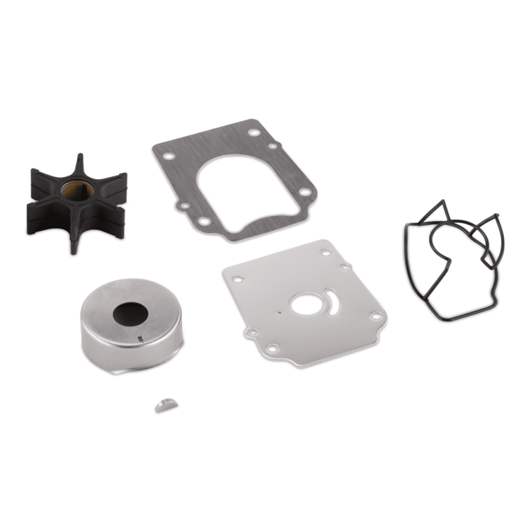 Set of mechanical parts including a black impeller, metal gaskets, and a small metal clip on a white background.