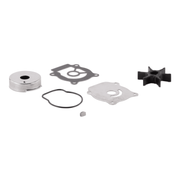 Set of mechanical parts, including black and silver gaskets and a black impeller, on a white background.