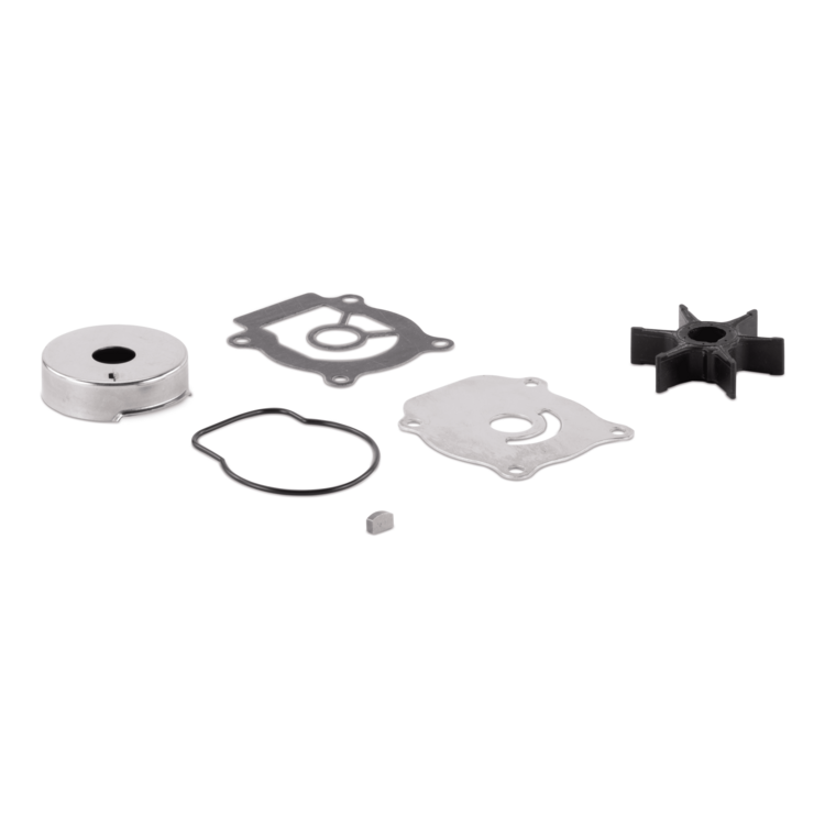 Set of mechanical parts, including black and silver gaskets and a black impeller, on a white background.