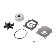 A set of mechanical engine parts including a black impeller, a silver metal pulley, black and silver gaskets, a black rubber gasket, and a small metal bolt, arranged on a plain white background.