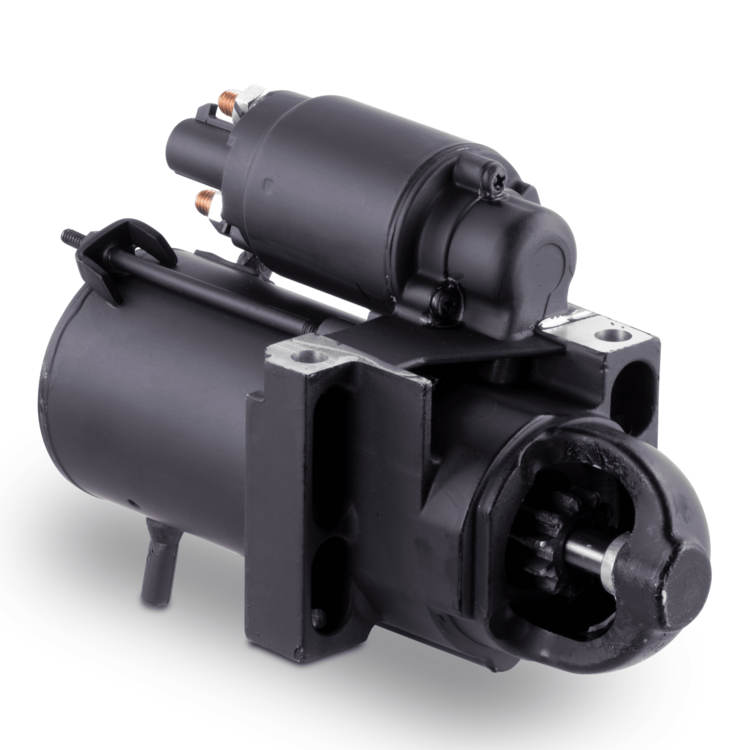 Black marine starter motor on a white background
