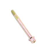 Long threaded bolt with hex head on a white background