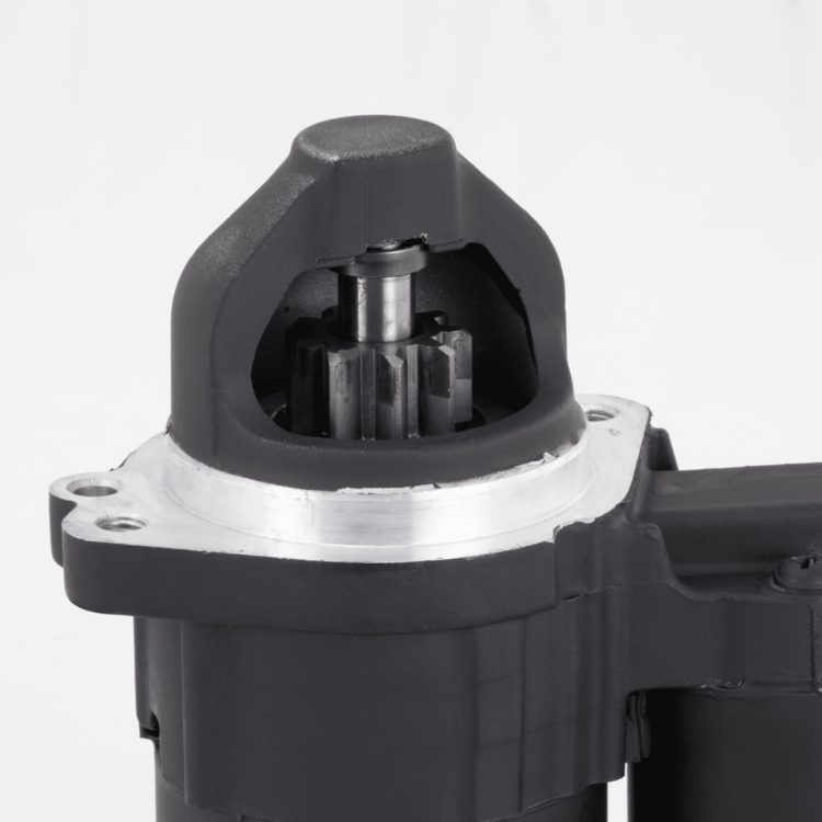 Close-up of a Sierra starter's teeth on  a white background