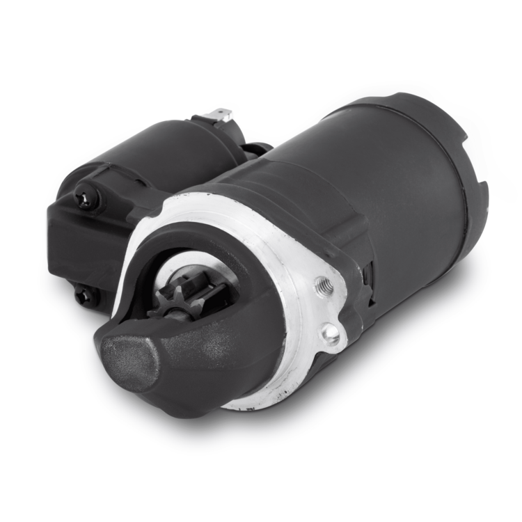 Black starter motor on a white background