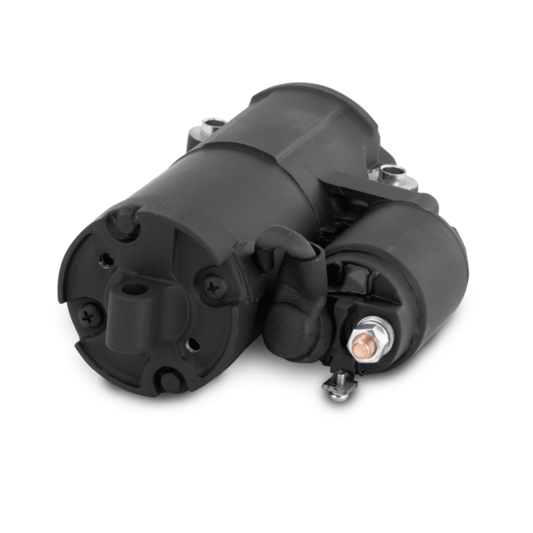 Black boat starter motor on a white background