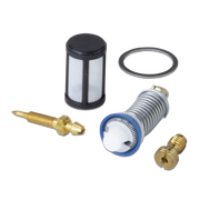 Set of marine carburetor parts on a white background