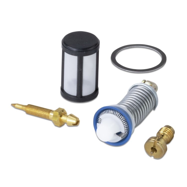 Set of marine carburetor parts on a white background