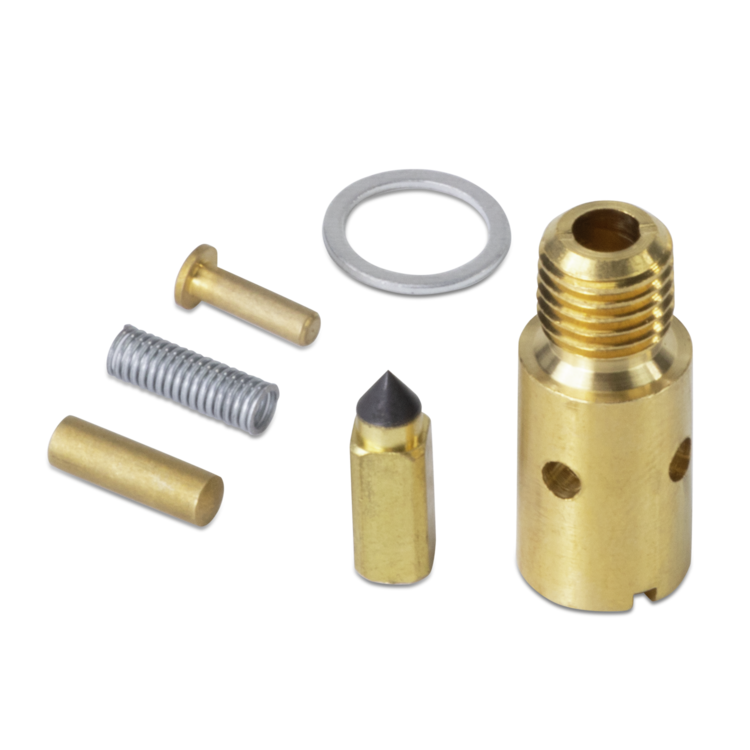 Set of brass mechanical components on a white background
