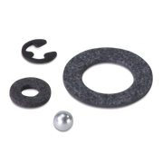 Set of mechanical components including a washer, a ball, and a clip on a white background
