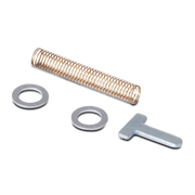 Metal spring, washers, and tool on a white background