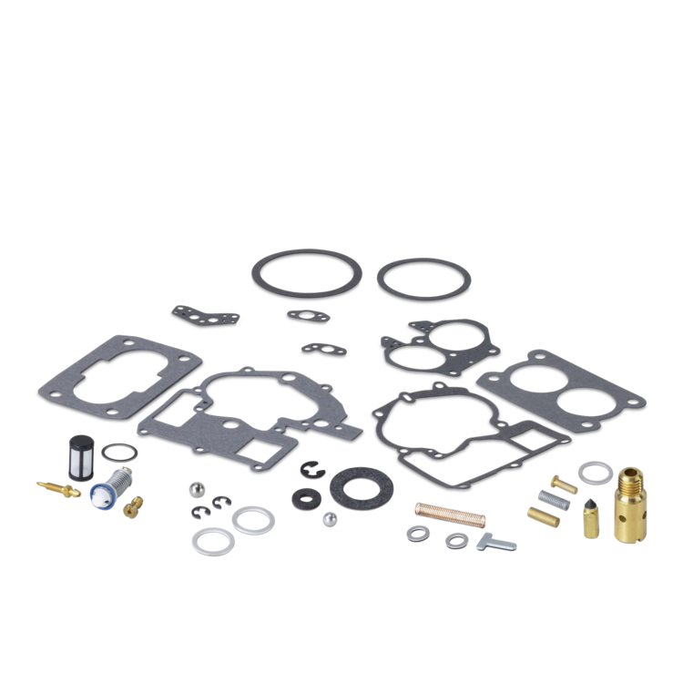 Mechanical gasket set with various components on a white background