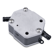A silver and black fuel pump with threaded black connectors on both sides, photographed on a clean white background.