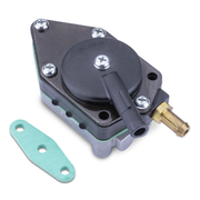 A metal and plastic pump assembly with a black circular top, silver screws, a brass connector, and a separate mint green gasket on a white background.
