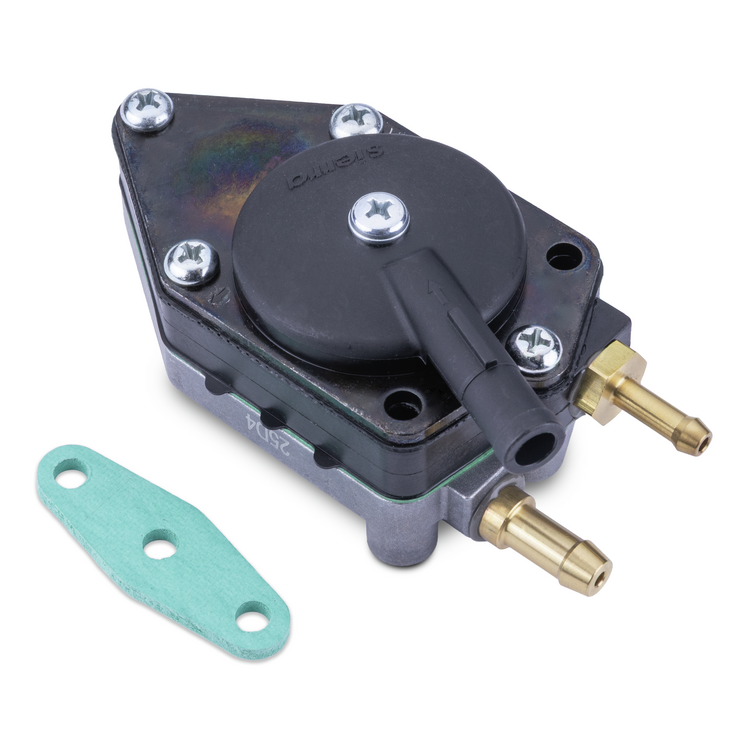 A black and gray metal pump assembly with brass fittings, shown on a white background alongside a small mint green mounting gasket.