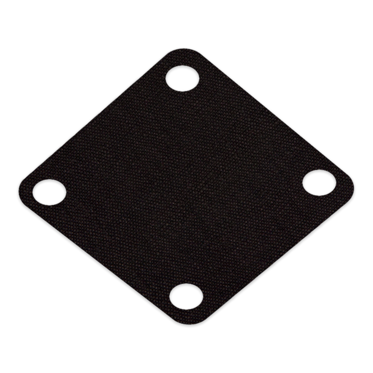 A black fuel pump diaphragm with rounded corners and four pre-drilled circular holes, shown on a plain white background.