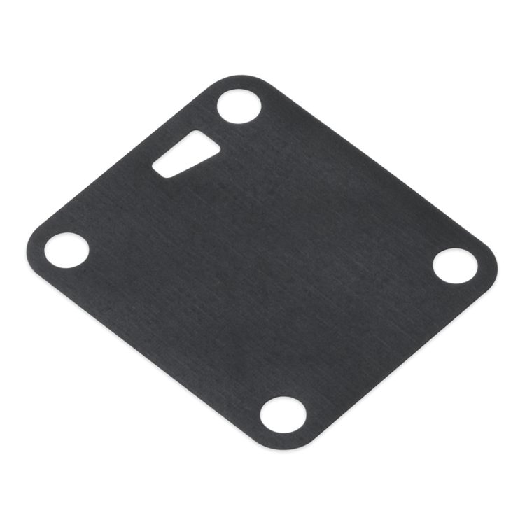 A black rectangular fuel pump diaphragm with rounded corners, four circular cutouts, and one diagonal slot cutout, shown on a plain white background.