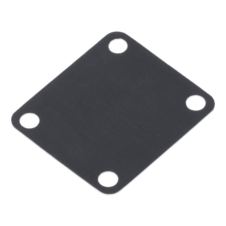 A black square fuel pump diaphragm with rounded corners and four pre-drilled holes, shown on a plain white background.