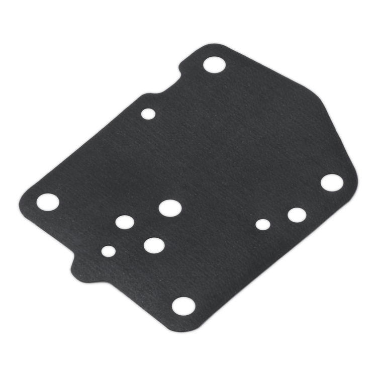 A black fuel pump diaphragm with multiple pre-drilled circular holes, shown on a solid white background.